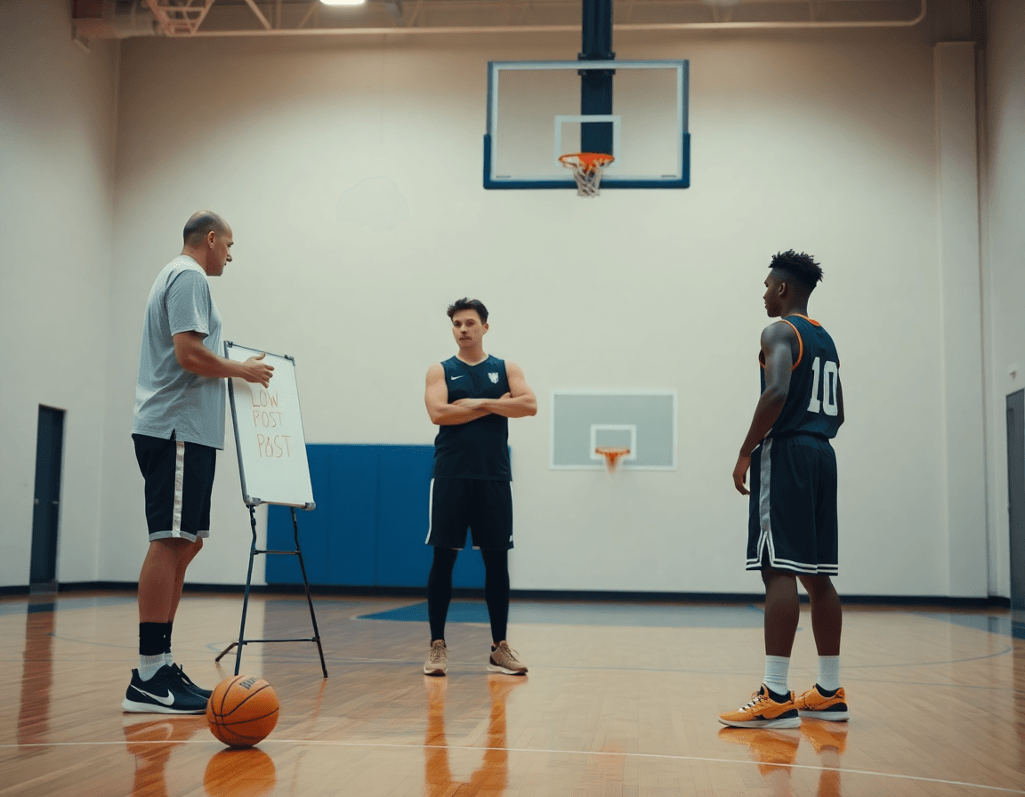 Coach explica ejercicios poste bajo baloncesto frente a jugadores atentos durante la práctica.