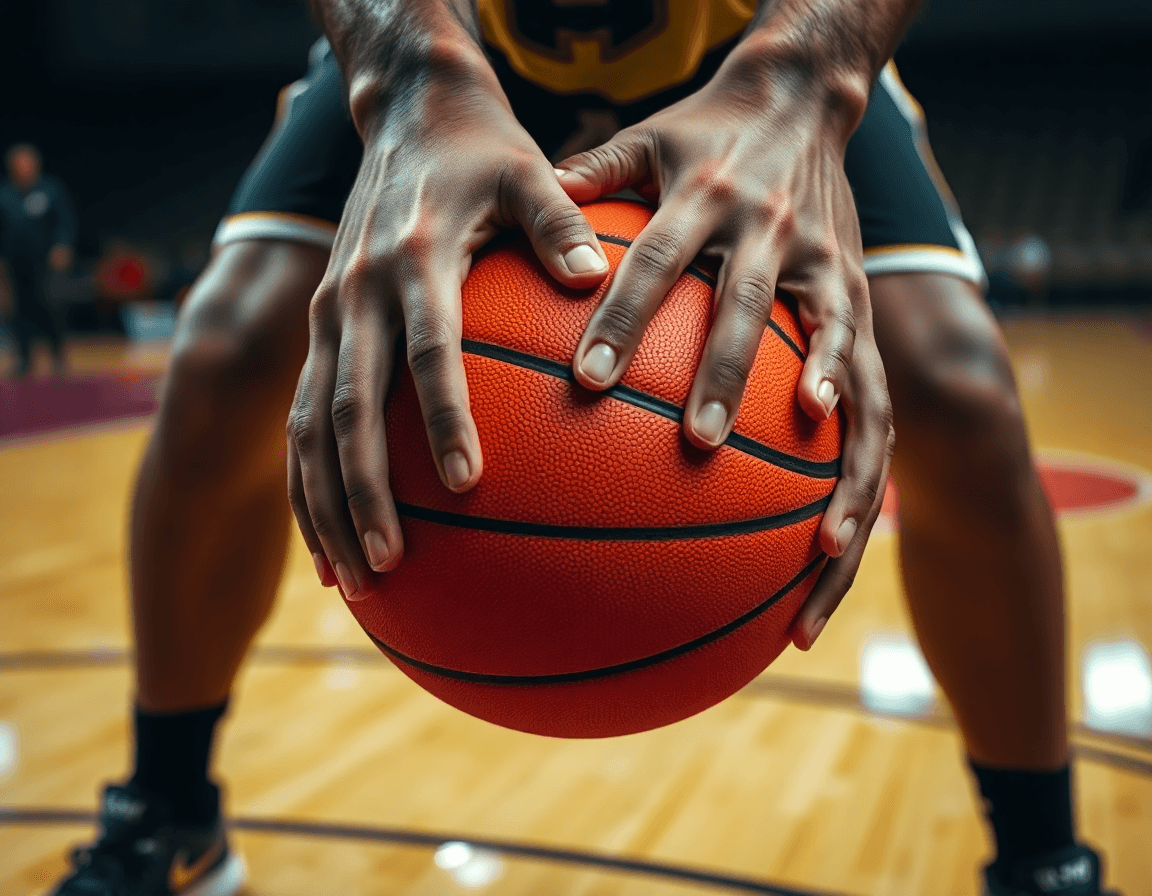 Primer plano de manos sujetando balón naranja durante ejercicios poste bajo baloncesto, defensa visible.