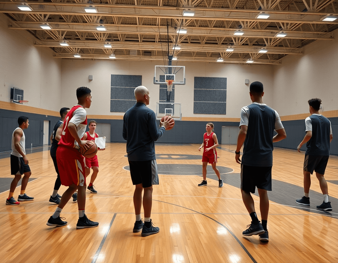 Plano general de equipo entrenando en cancha completa, defensa y ataque desde ejercicios poste bajo baloncesto.