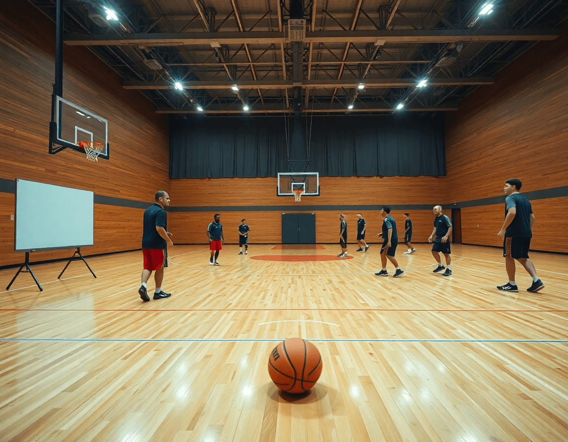 Vista amplia de una cancha de baloncesto con ejercicios poste bajo baloncesto en progreso.