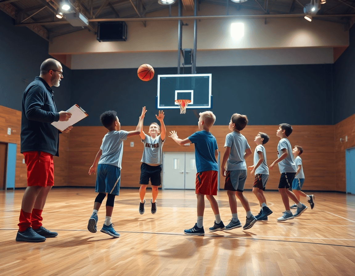 Una escena de ejercicios de rebote baloncesto para niños en un gimnasio, con coach y balón naranja.