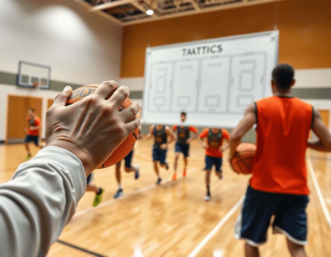 Primer plano de un entrenador con balón naranja, mostrando ejercicios tactica baloncesto a los jugadores.