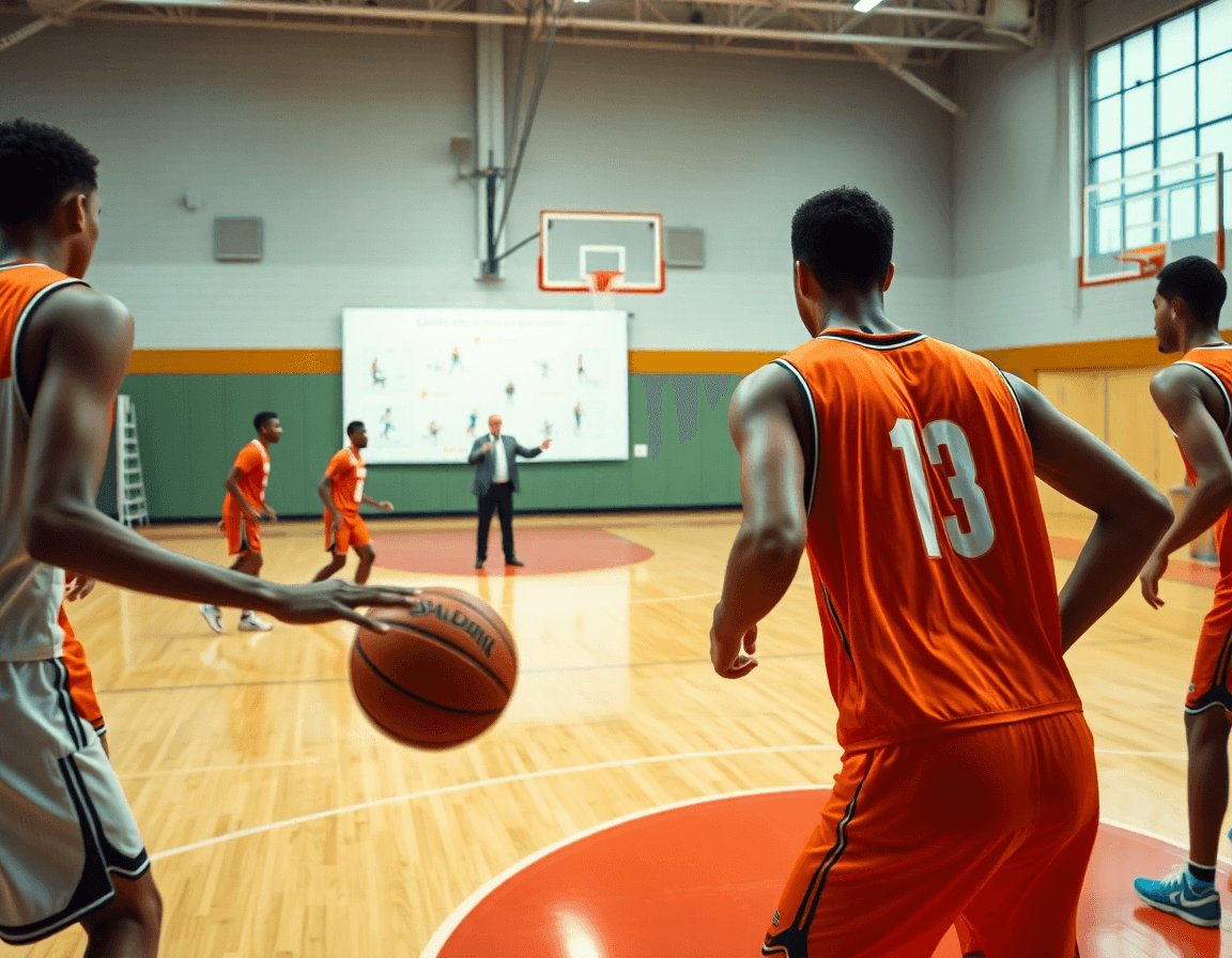 Enfoque cercano: manos y balón naranja, ejercicios tactica baloncesto mientras el entrenador señala jugadas.