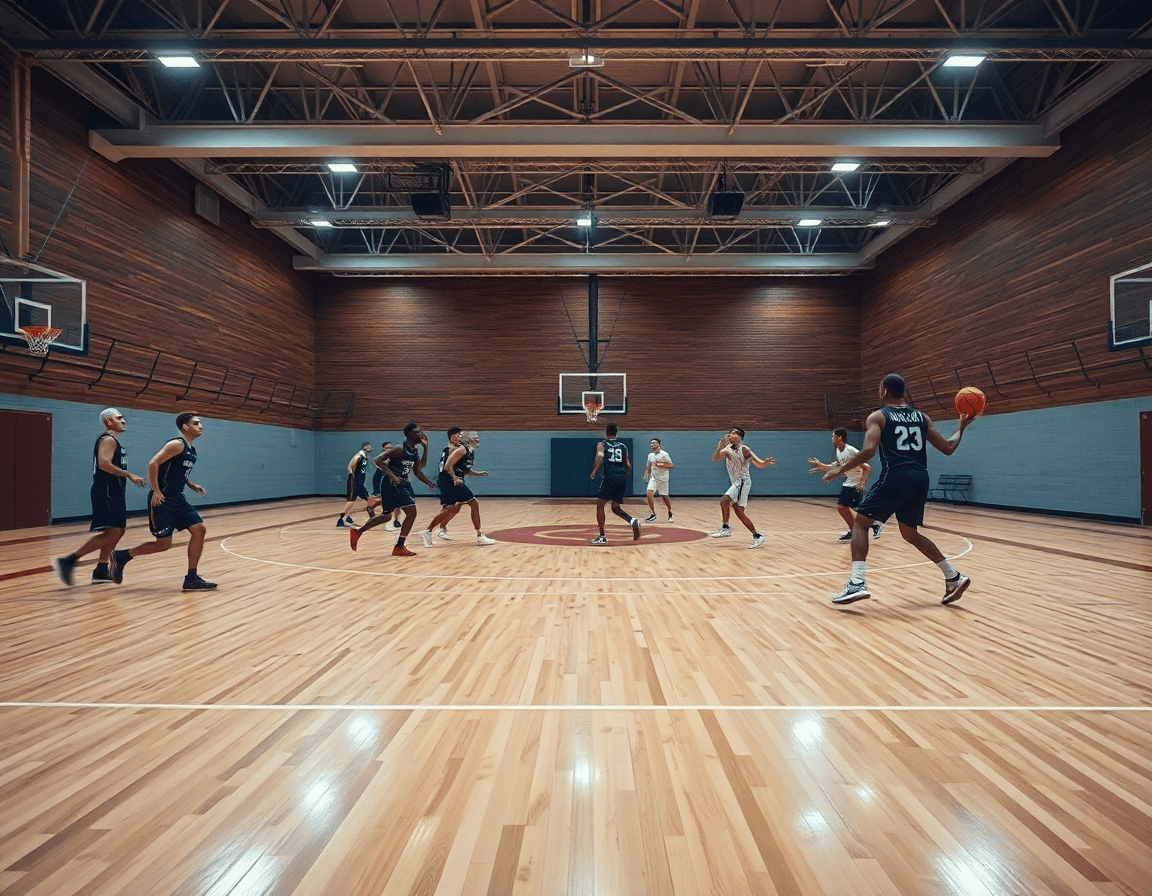 Vista amplia de un equipo ejecutando un juego rápido en la cancha, ejercicios tactica baloncesto en acción.