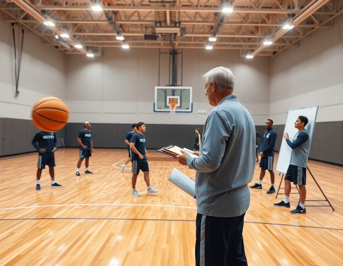 Entrenador dirige ejercicios tactica baloncesto en la cancha, jugadores atentos mientras practican jugadas.