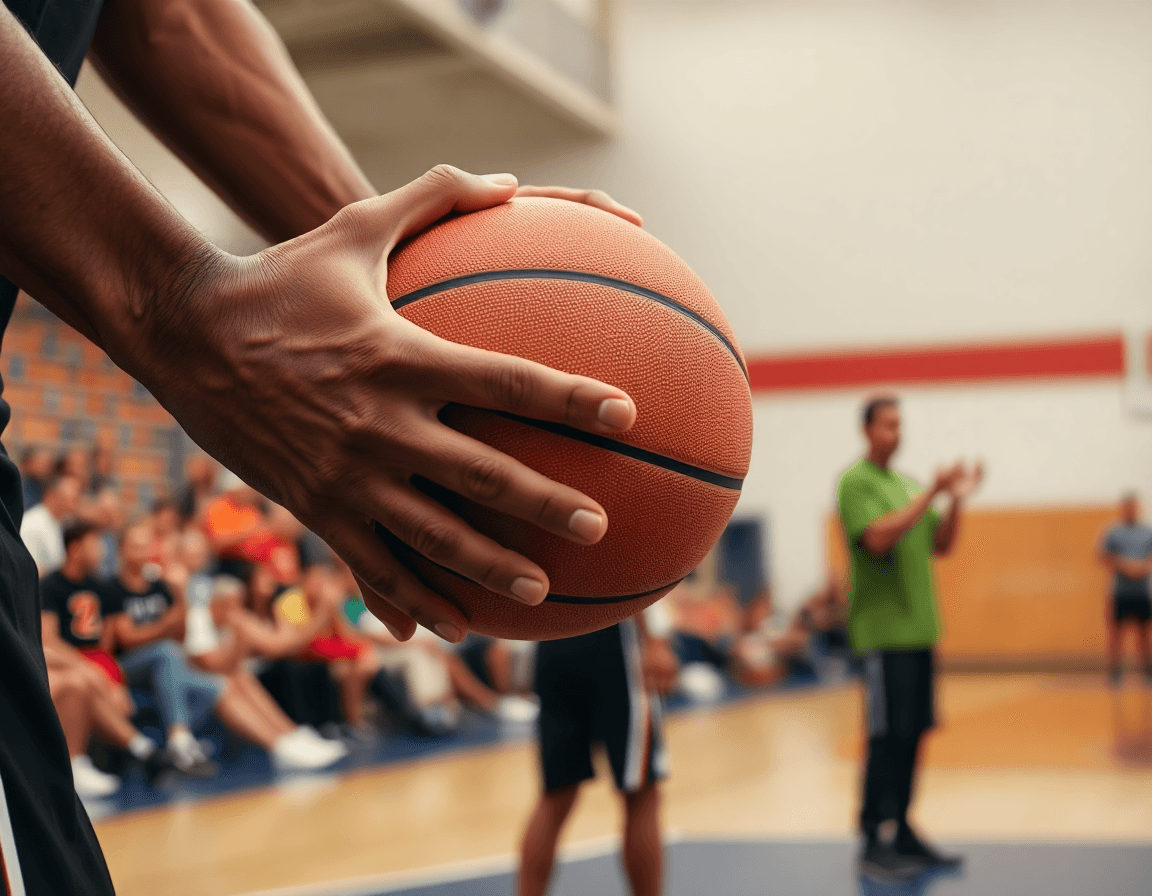 Primer plano de manos ejecutando ejercicios tiro baloncesto cadete durante la práctica, con balón naranja visible.