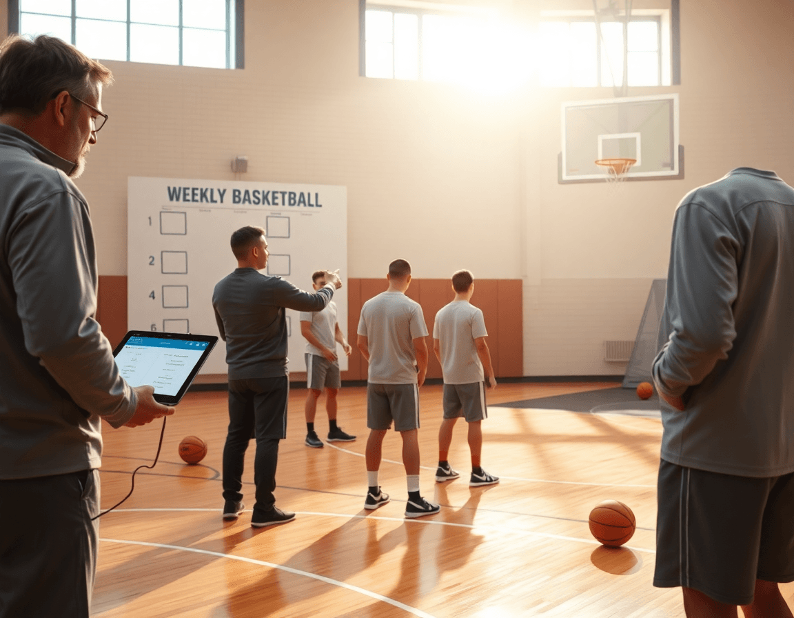 Cadetes practican ejercicios tiro baloncesto cadete con entrenador y pizarra táctica en gimnasio.