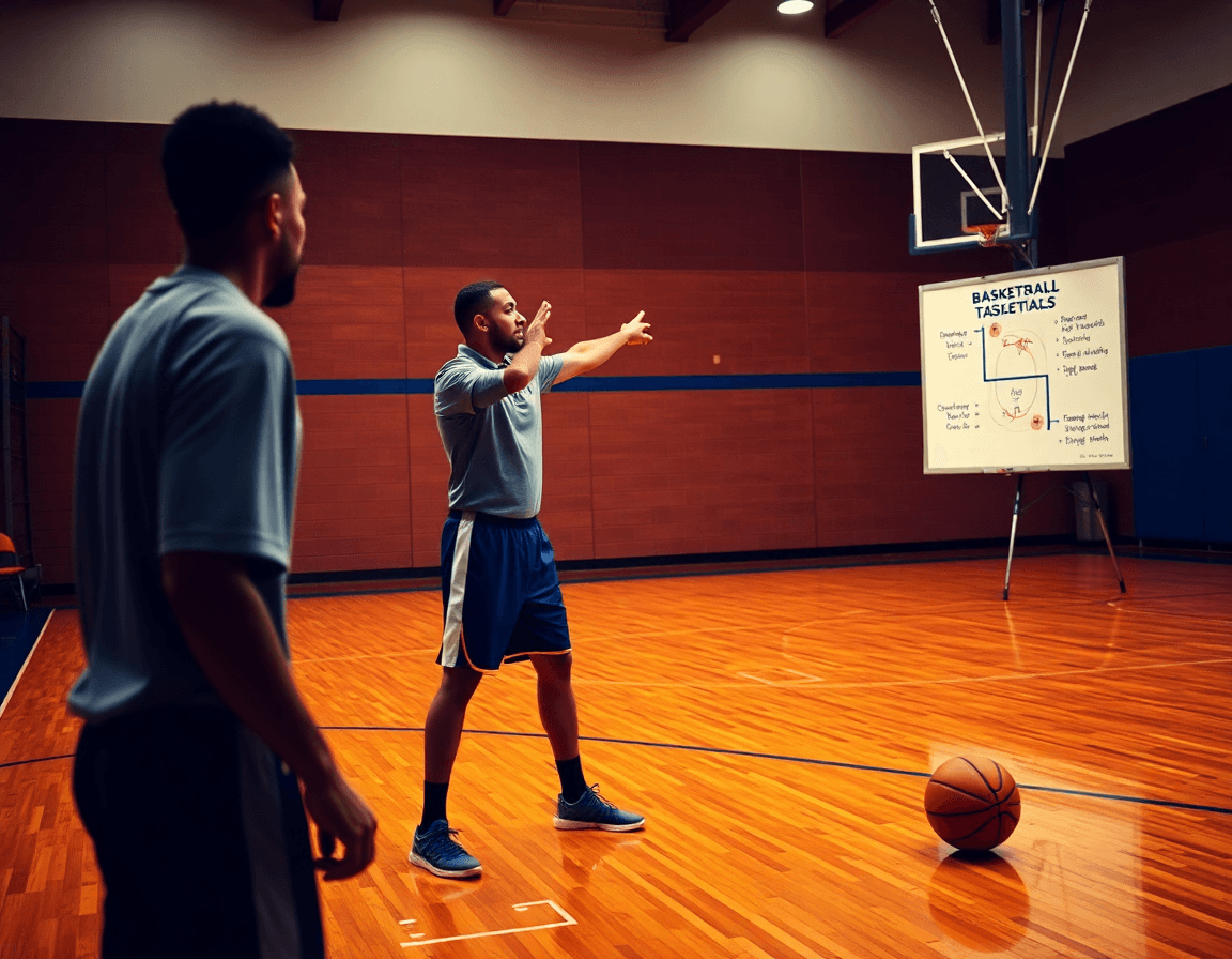 Primer plano de dos jugadores de baloncesto practicando ejercicios tiro baloncesto mientras el entrenador observa.