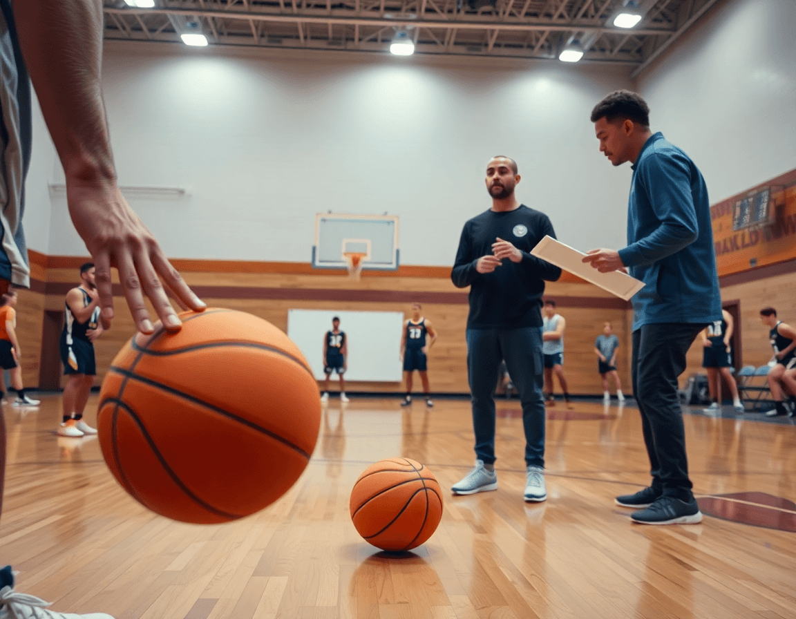 Plano cercano de un jugador de baloncesto ejecutando ejercicios tiro baloncesto con la supervisión del entrenador.