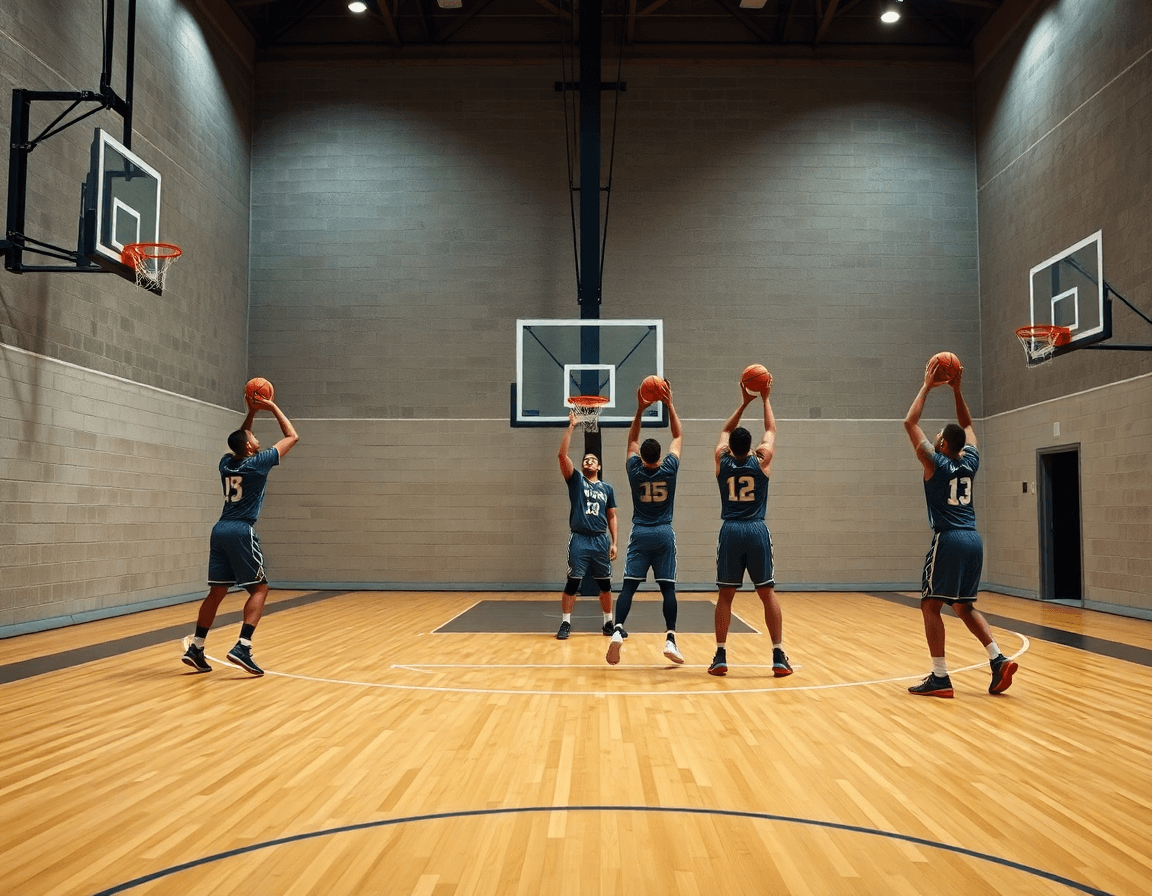 Cinco jugadores de baloncesto ejecutan ejercicios tiro baloncesto desde varias posiciones alrededor del arco.