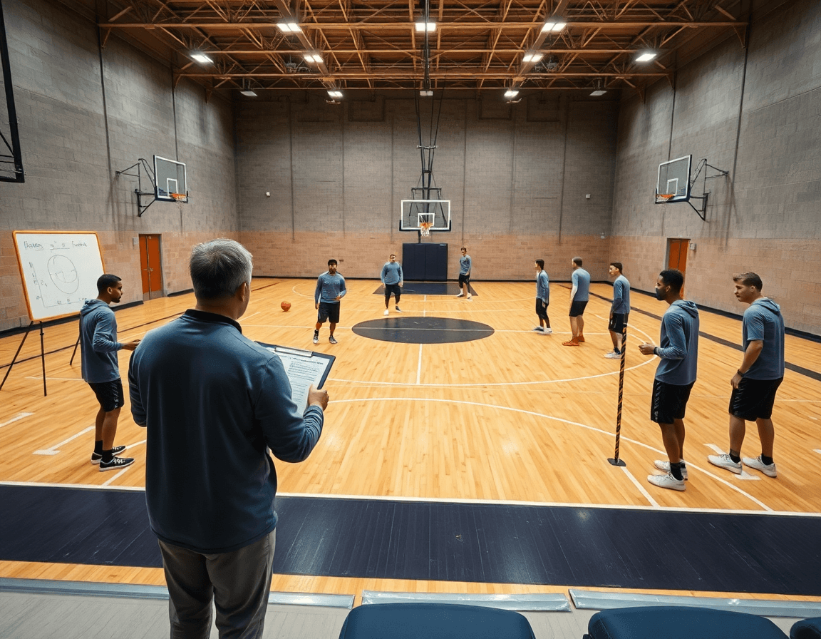 Escena amplia en un gimnasio de baloncesto con ejercicios tiro baloncesto en la práctica del equipo.