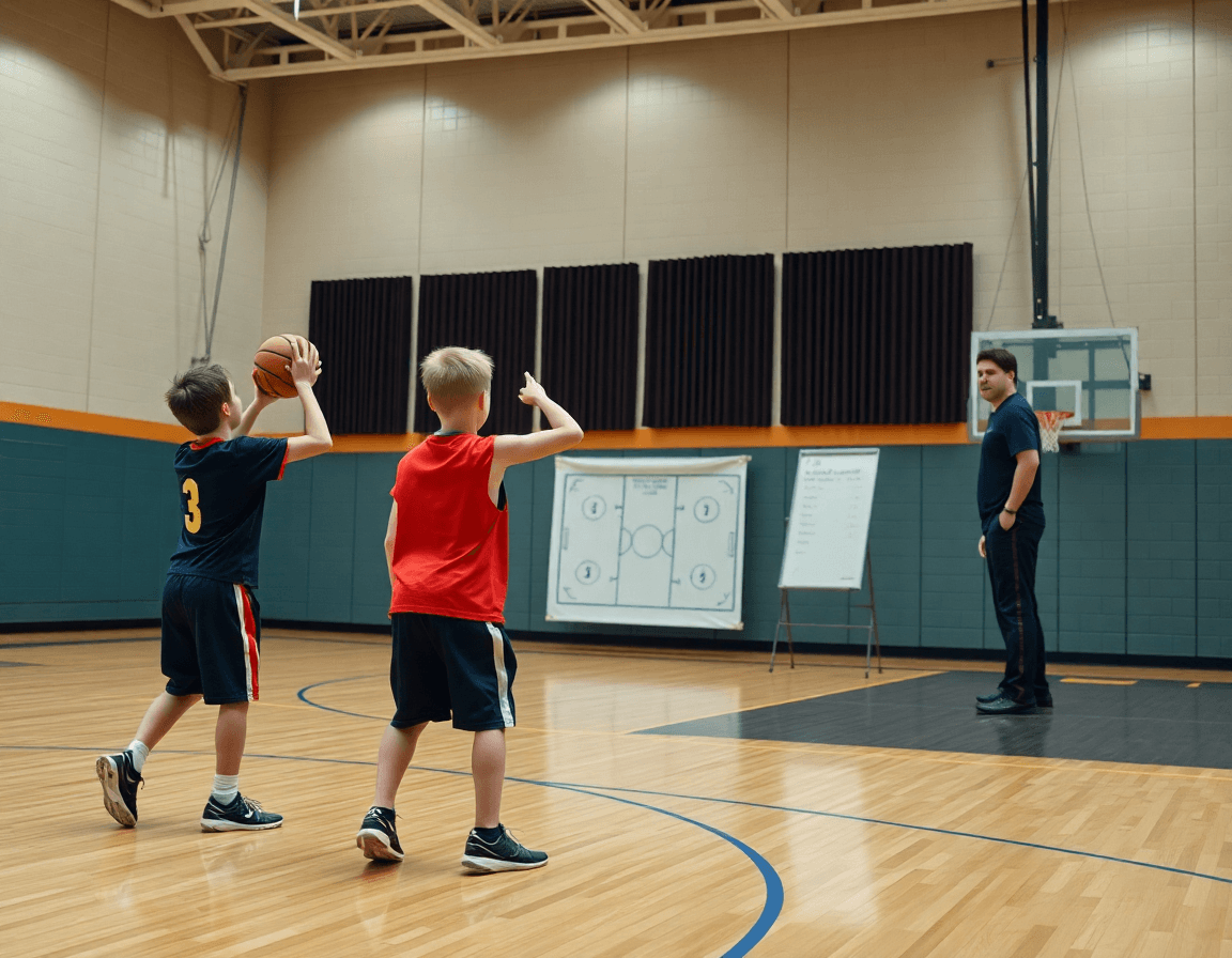 Dos jóvenes minibasket ejecutan ejercicios tiro baloncesto minibasket con el entrenador señalando pasos desde la pizarra.