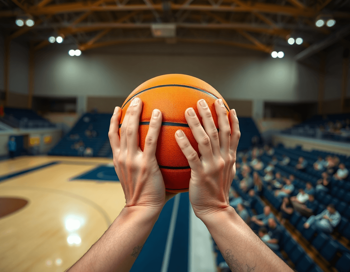 Primer plano de manos sujetando una pelota de baloncesto naranja, listas para el tiro.