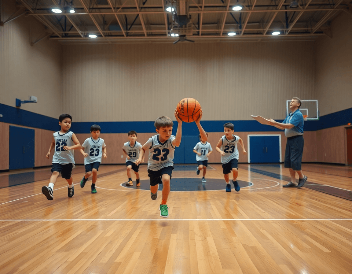 Jugadores minibasket corren una jugada simple de baloncesto, pasando la pelota naranja bajo la mirada del entrenador.