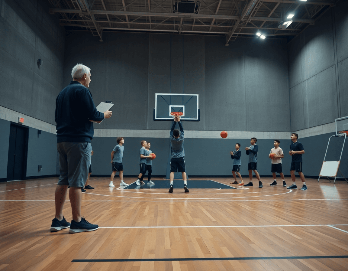 Ejercicios tiro baloncesto minibasket en un gimnasio real con entrenador y jóvenes jugadores.