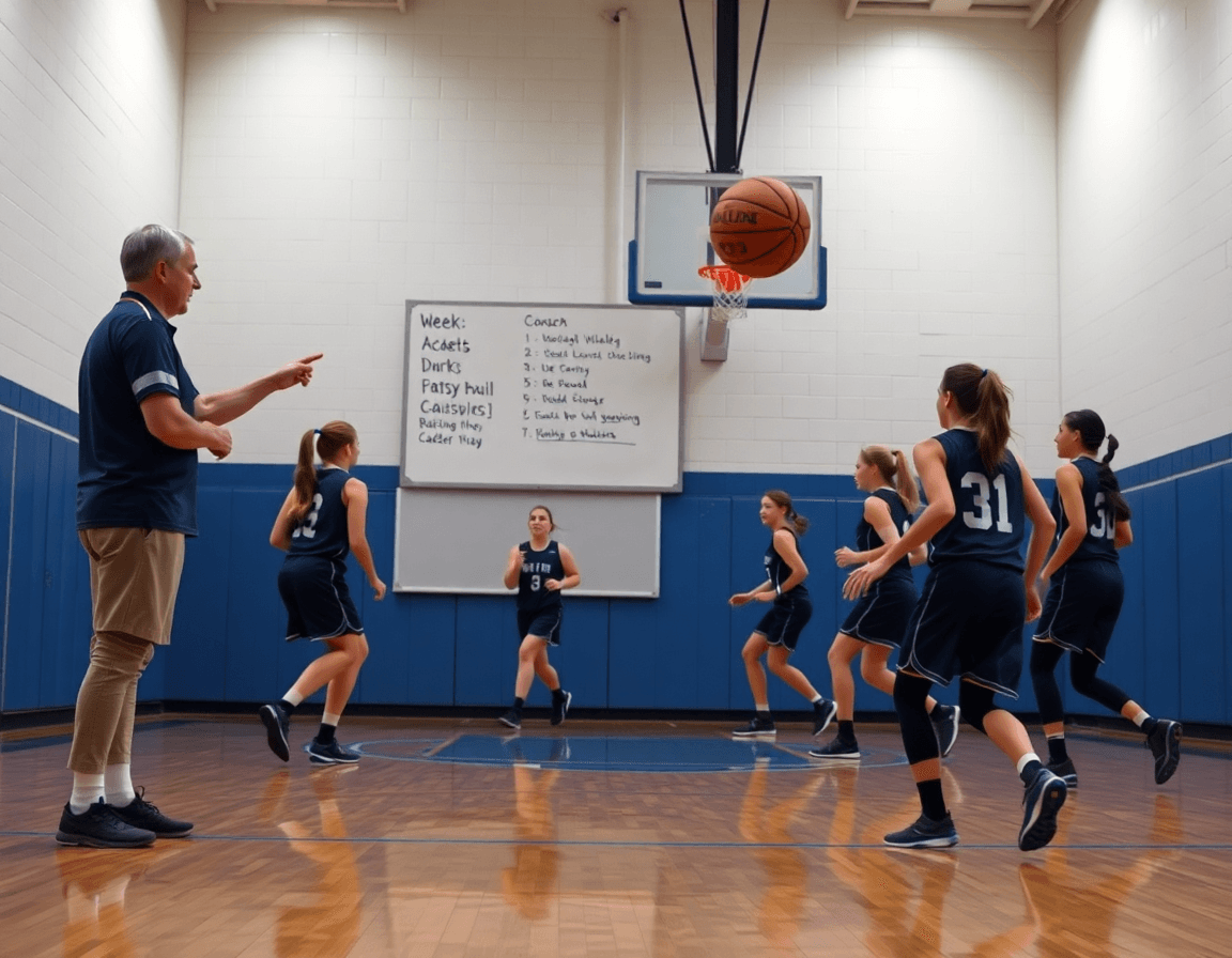 Plano cercano de entrenamiento baloncesto cadete femenino, manos controlando el balón naranja cerca del aro.
