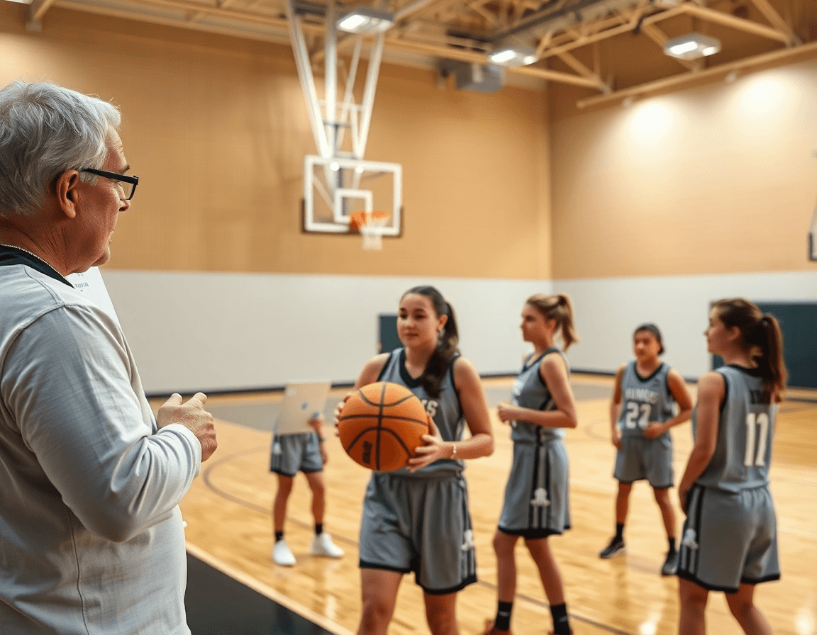 Plano medio de entrenamiento baloncesto cadete femenino con pizarra y jugadas simples visibles.