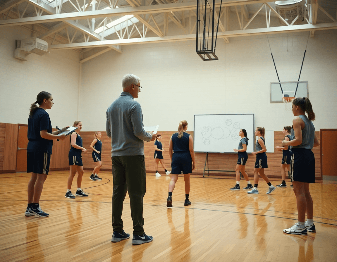 Escena amplia en un gimnasio de baloncesto durante entrenamiento baloncesto cadete femenino en plena práctica.