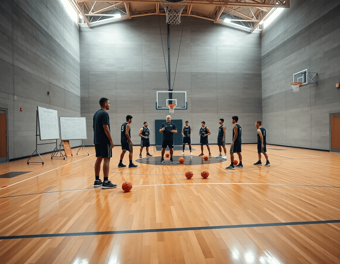 Gimnasio de baloncesto, entrenamiento baloncesto cadete en acción con entrenador y jugadoras.