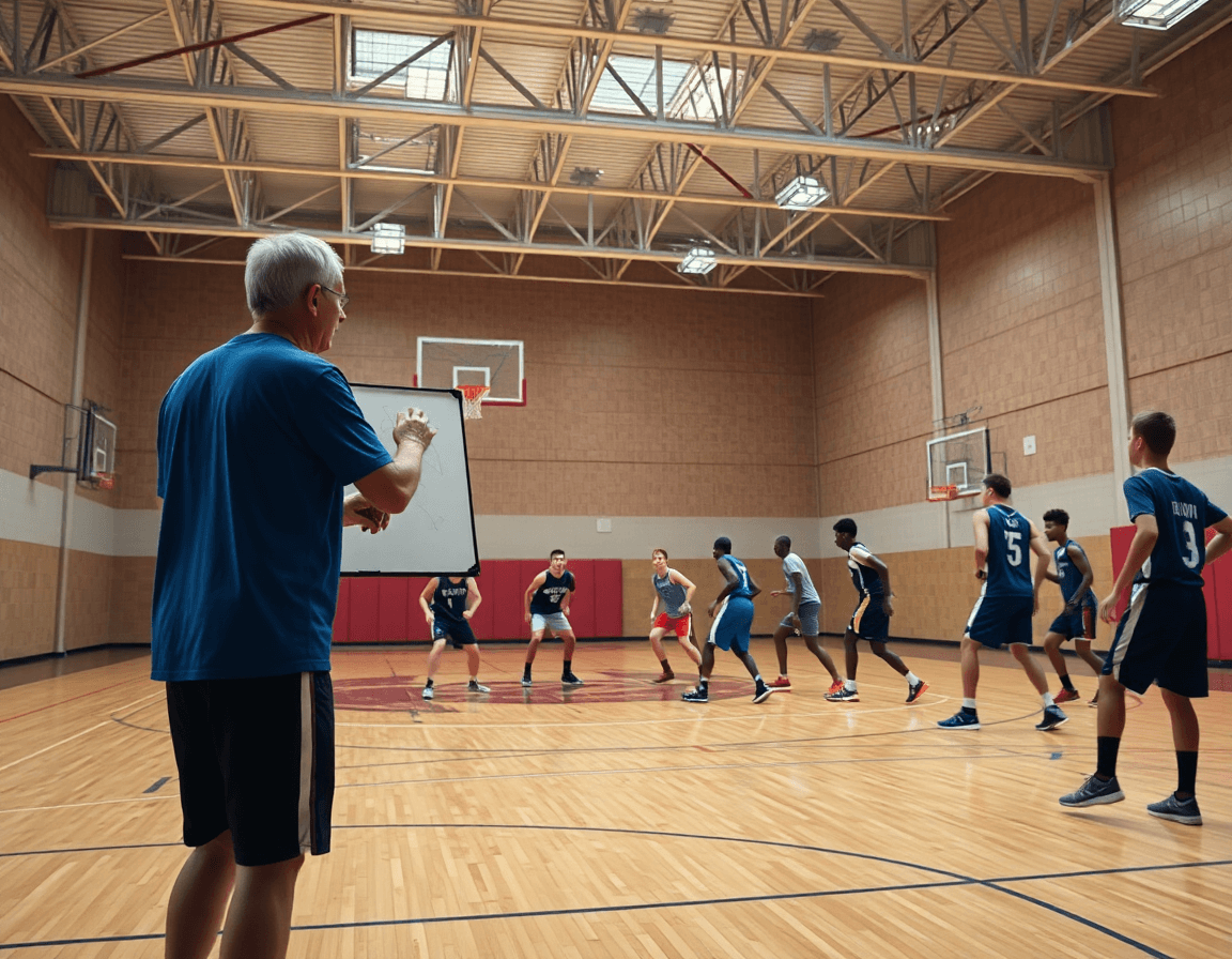 Entrenamiento de baloncesto para cadetes: entrenador dibuja jugadas mientras cadetes practican baloncesto.