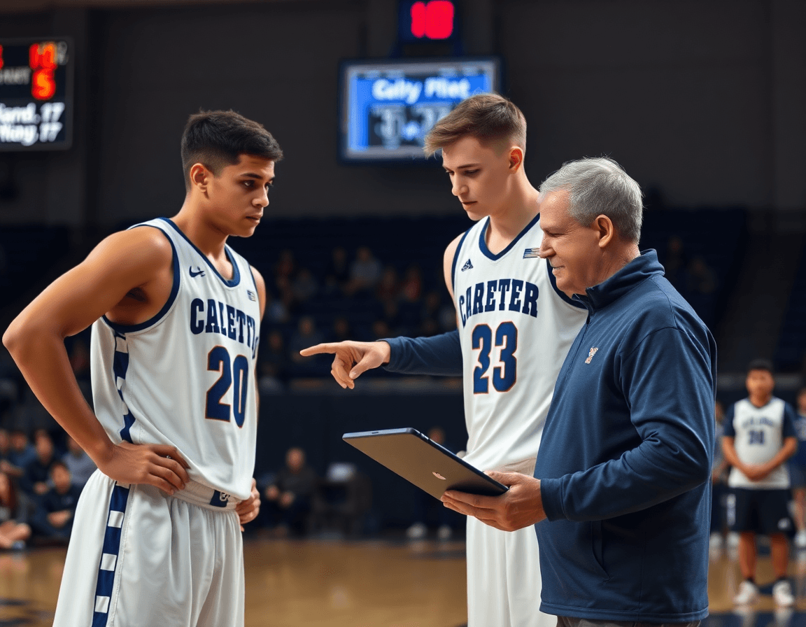 Cadetes ejecutan una pantalla mientras el entrenador revisa tablet y coordina entrenamiento de baloncesto para cadetes.