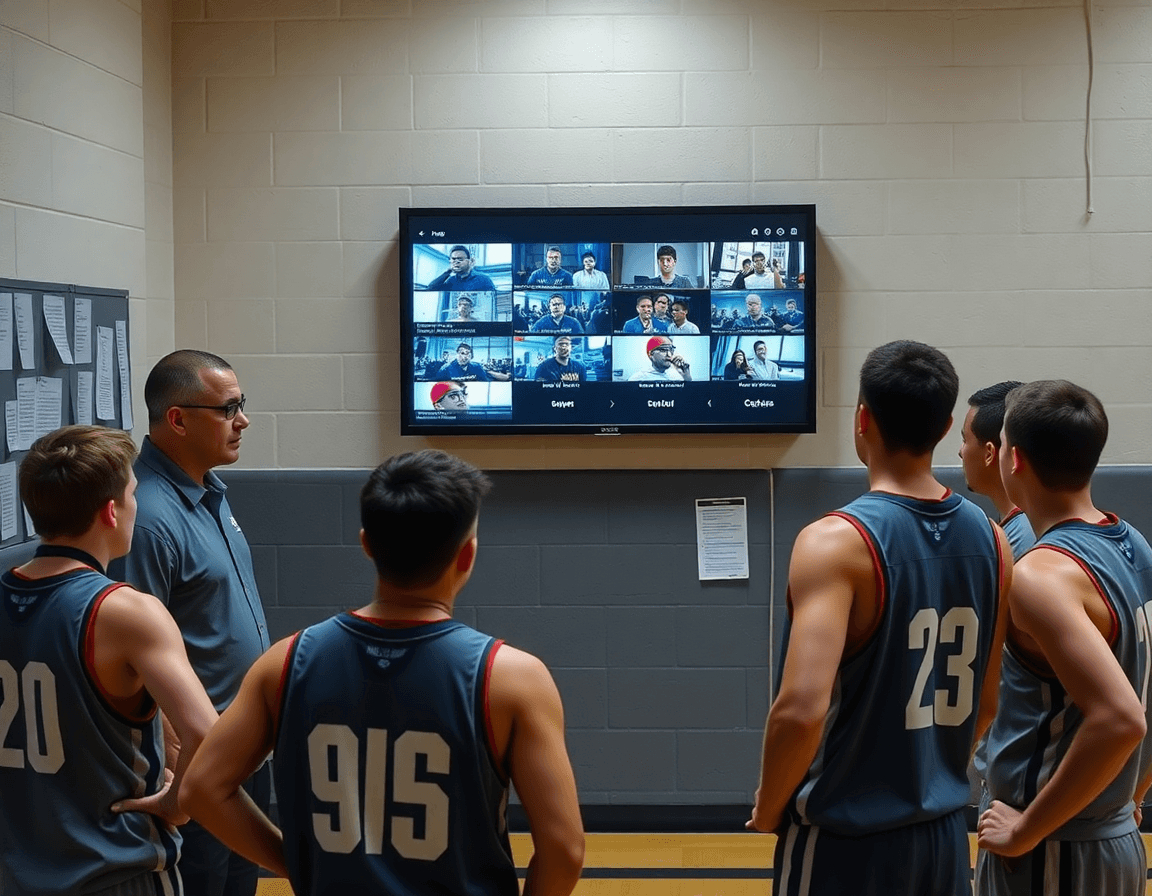 Equipo cadete revisa clips de baloncesto y notas de scouting durante un entrenamiento de baloncesto.
