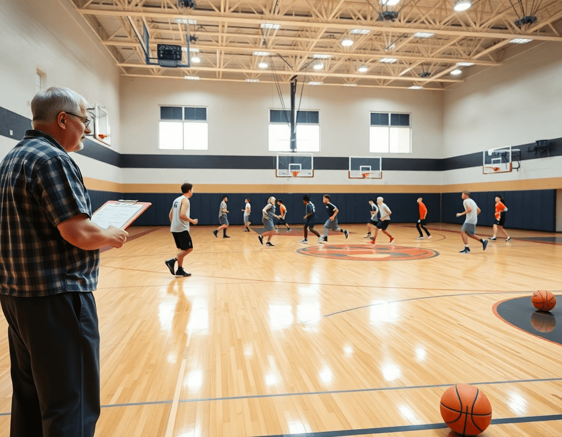 Gran escena de entrenamiento de baloncesto para cadetes con entrenador y jugadores en la cancha de madera.
