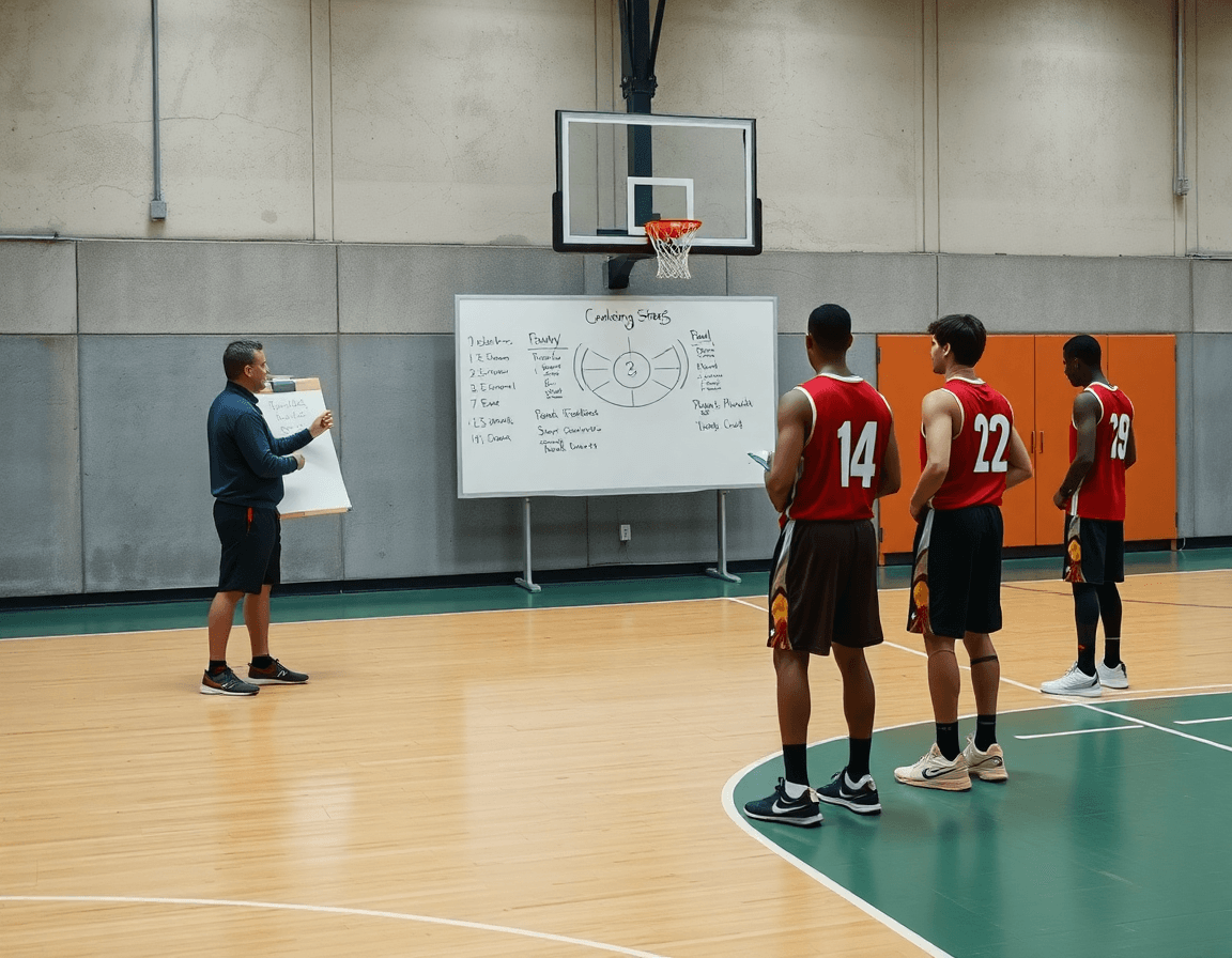 Panorama de entrenamiento defensa baloncesto en pista de gimnasio, entrenador presenta el plan semanal al equipo.