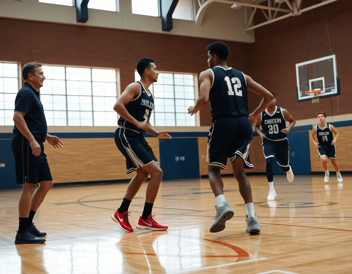 Dos jugadores defienden uno contra uno durante entrenamiento defensa baloncesto, entrenador observa.