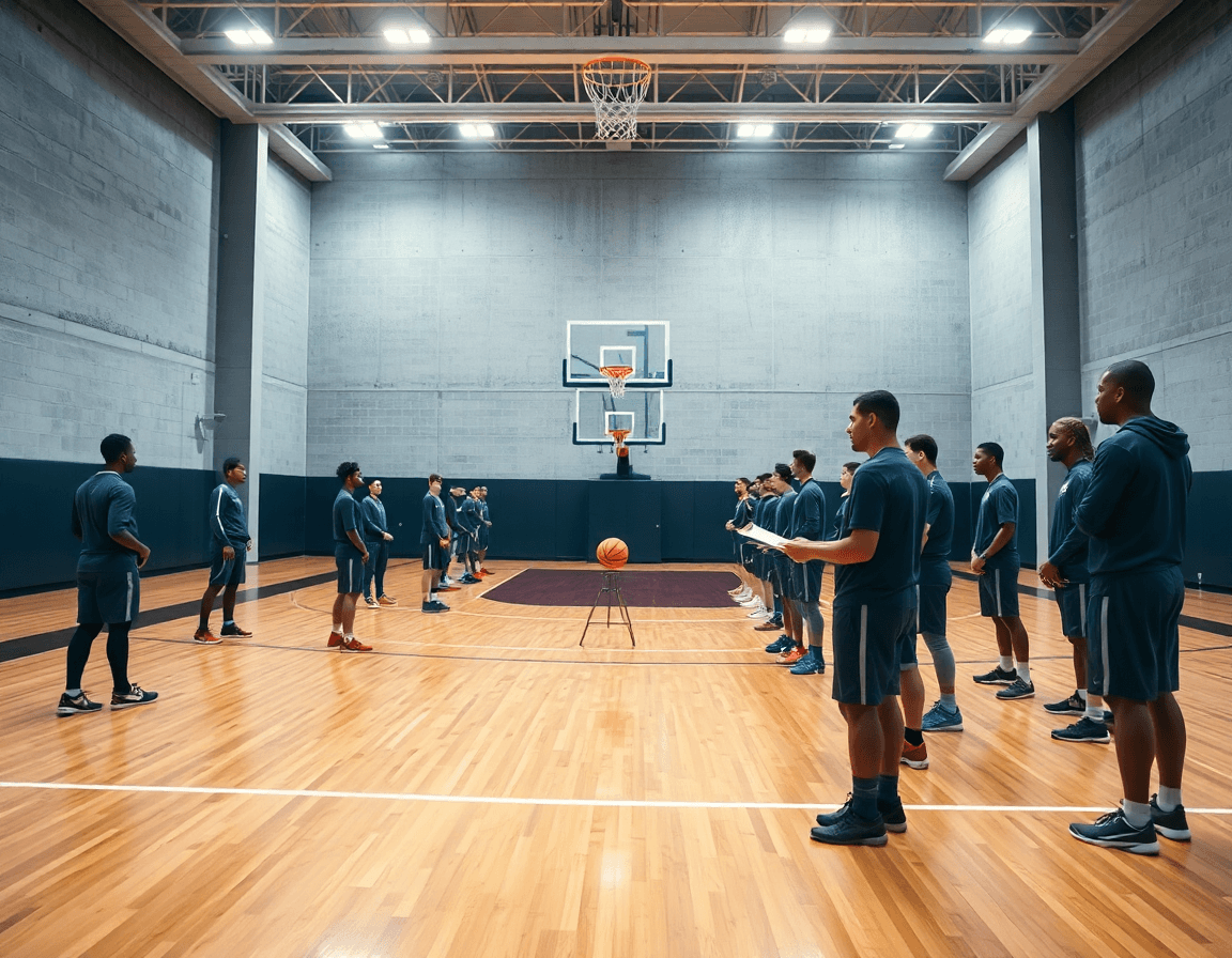 Panorama amplio de entrenamiento defensa baloncesto en una cancha de gimnasio, entrenador dirige al equipo.