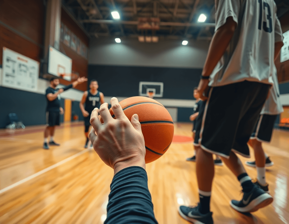 Primer plano de entrenamientos de baloncesto para alevines durante una rutina en la cancha.