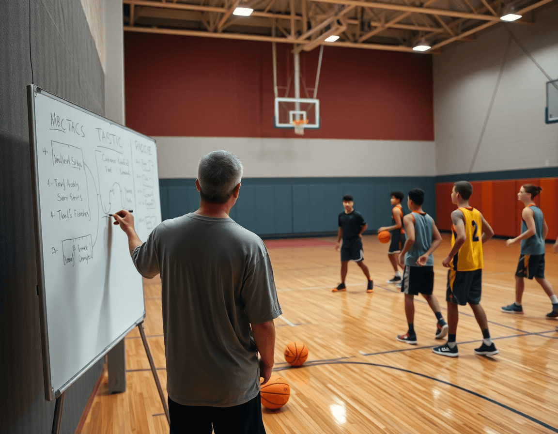 Plano cercano de entrenamientos de baloncesto para alevines mientras el entrenador dibuja diagramas en una pizarra táctica.