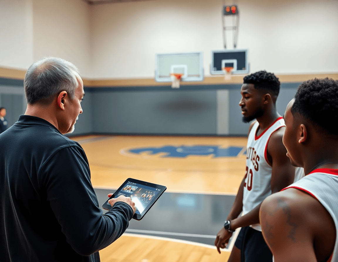 Plano de entrenamientos de baloncesto para alevines mostrando tácticas en tablet junto a jugadas.