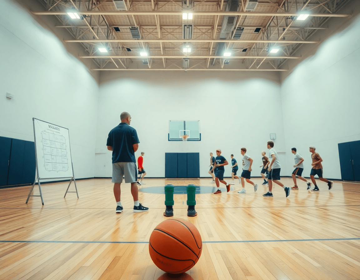 Entorno impresionante de entrenamientos de baloncesto para alevines en una cancha de madera con entrenador, jugadores y iluminación.