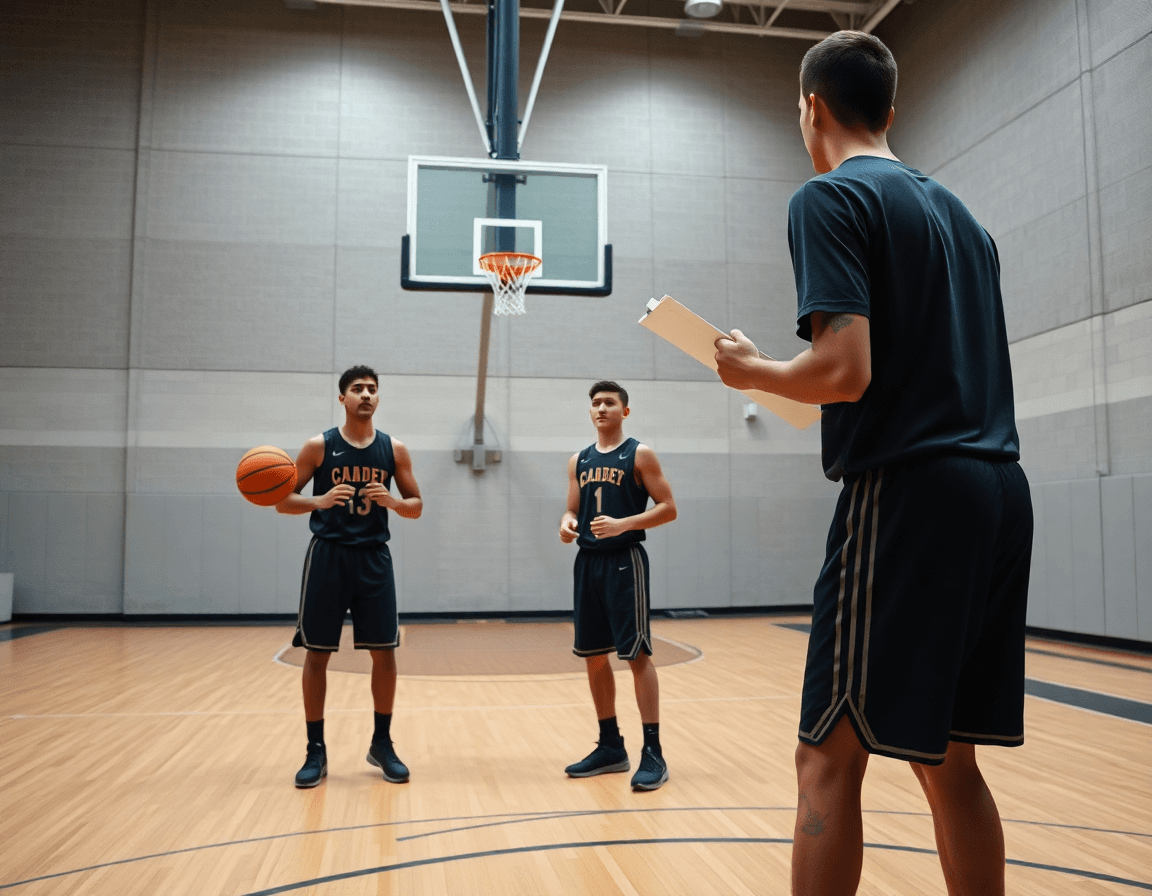 Primer plano de entrenamientos de baloncesto para cadetes durante una sesión en la cancha de baloncesto.