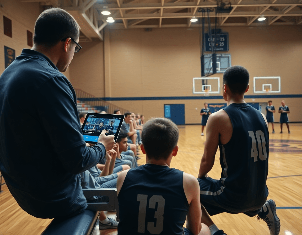 Revisión de clips de entrenamientos de baloncesto para cadetes en la cancha de baloncesto.