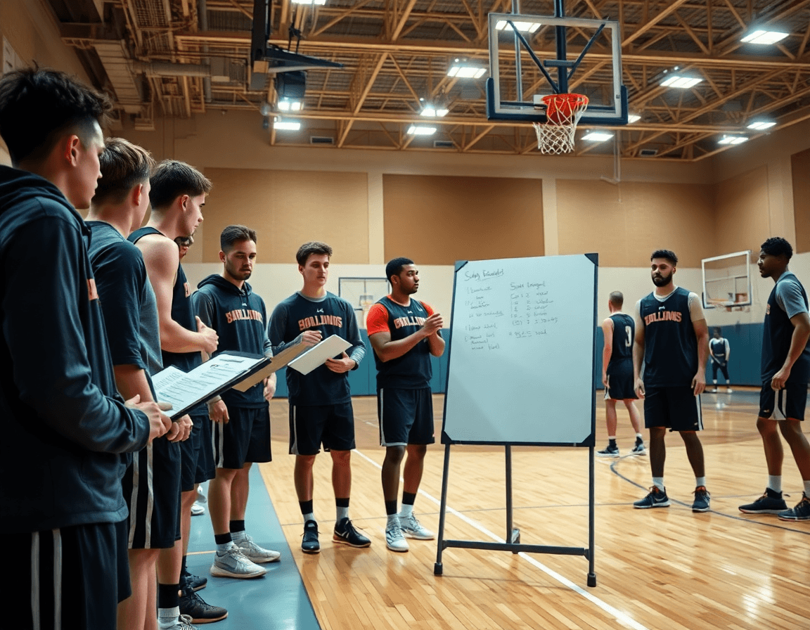 Equipo analiza scouting de entrenamientos de baloncesto para cadetes junto a la cancha de baloncesto.