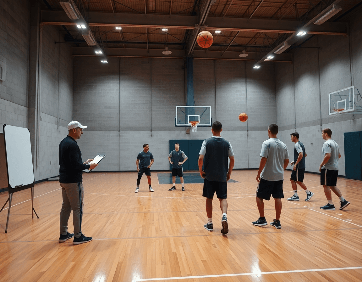 Vista amplia de entrenamientos de baloncesto para cadetes en una cancha de baloncesto, entrenador con tablero.