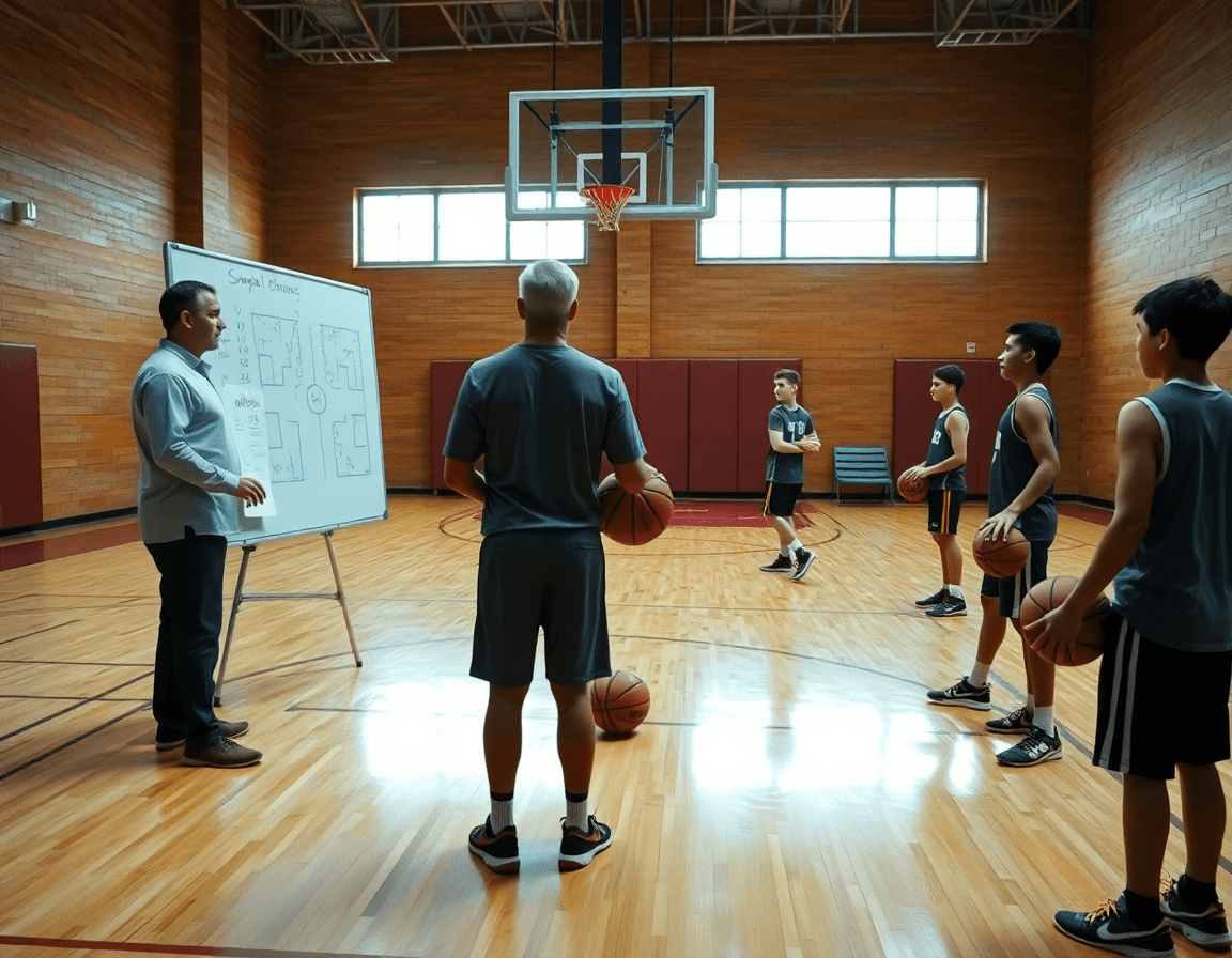 Entregando entrenamientos de baloncesto para jovenes: plan de jugadores y entrenador con pizarra.