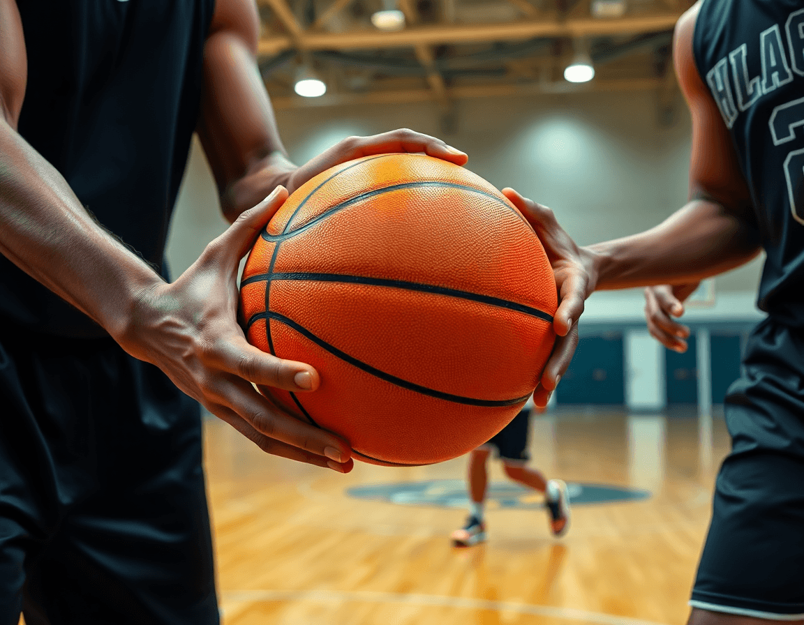 Primer plano de baloncesto: dos jóvenes aprenden movimiento en entrenamientos de baloncesto para jovenes.