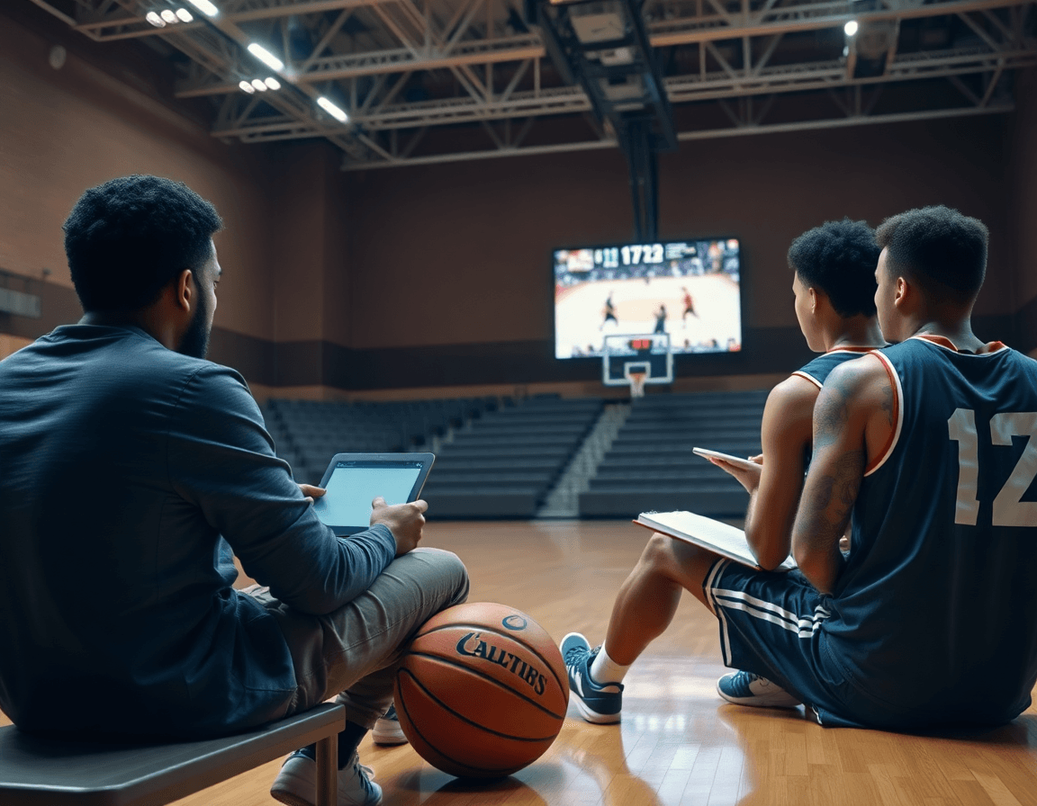 Revisión de clips para entrenamientos de baloncesto para jovenes: entrenador guía a jugadores atentos en gimnasio.