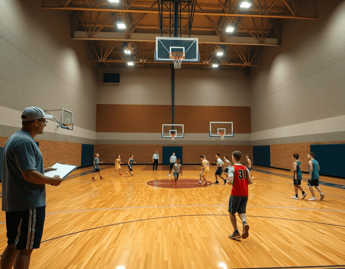 Entrenamientos de baloncesto para jovenes: entrenador dirige sesión intensa de baloncesto en gimnasio.
