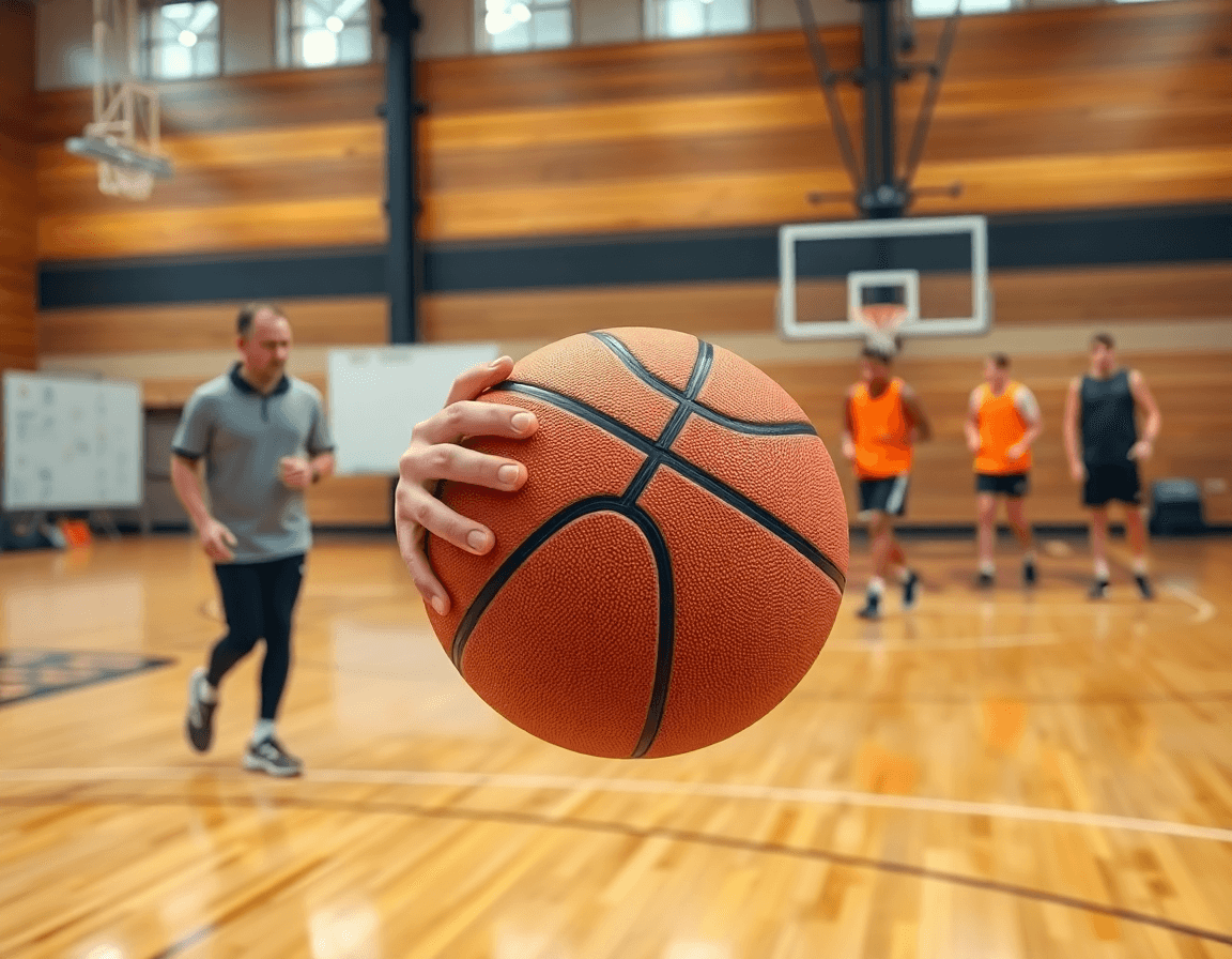 Detalle de manos con balón naranja durante entrenamientos de baloncesto para niños de 6 a 8 años.