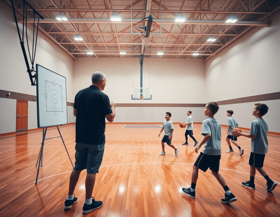 Gran plano de entrenamientos de baloncesto para niños de 6 a 8 años en el gimnasio.