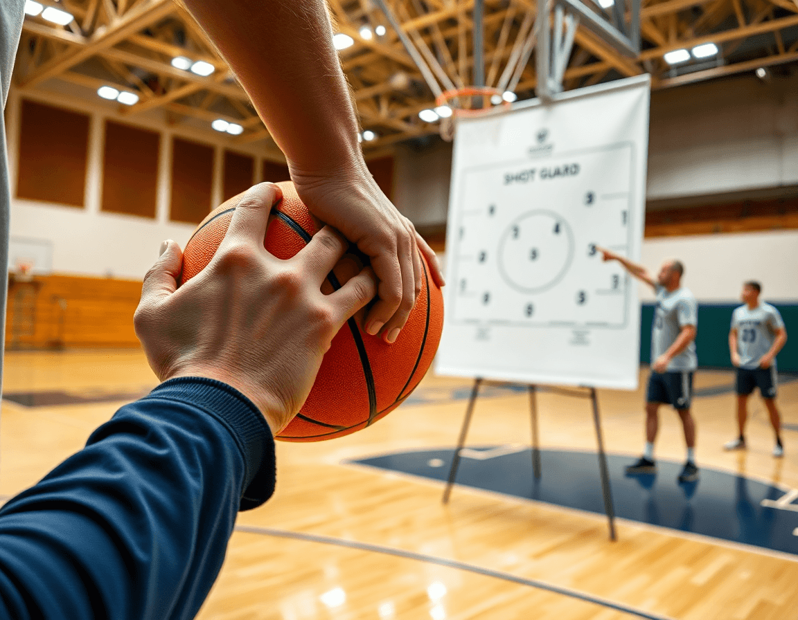 Primer plano de las manos con el balón de baloncesto, escolta posicion baloncesto en ingles.