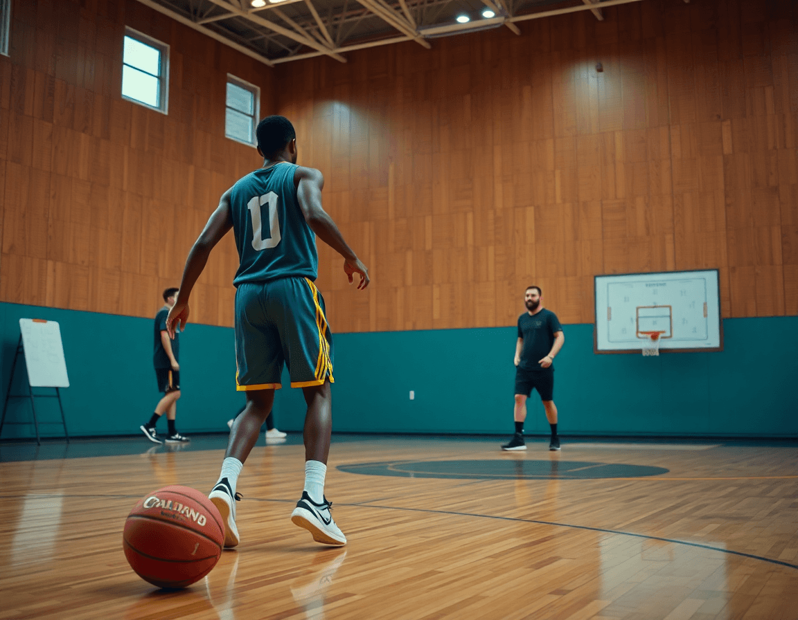 Plano medio del entrenador señalando una pizarra de baloncesto, escolta posicion baloncesto en ingles.