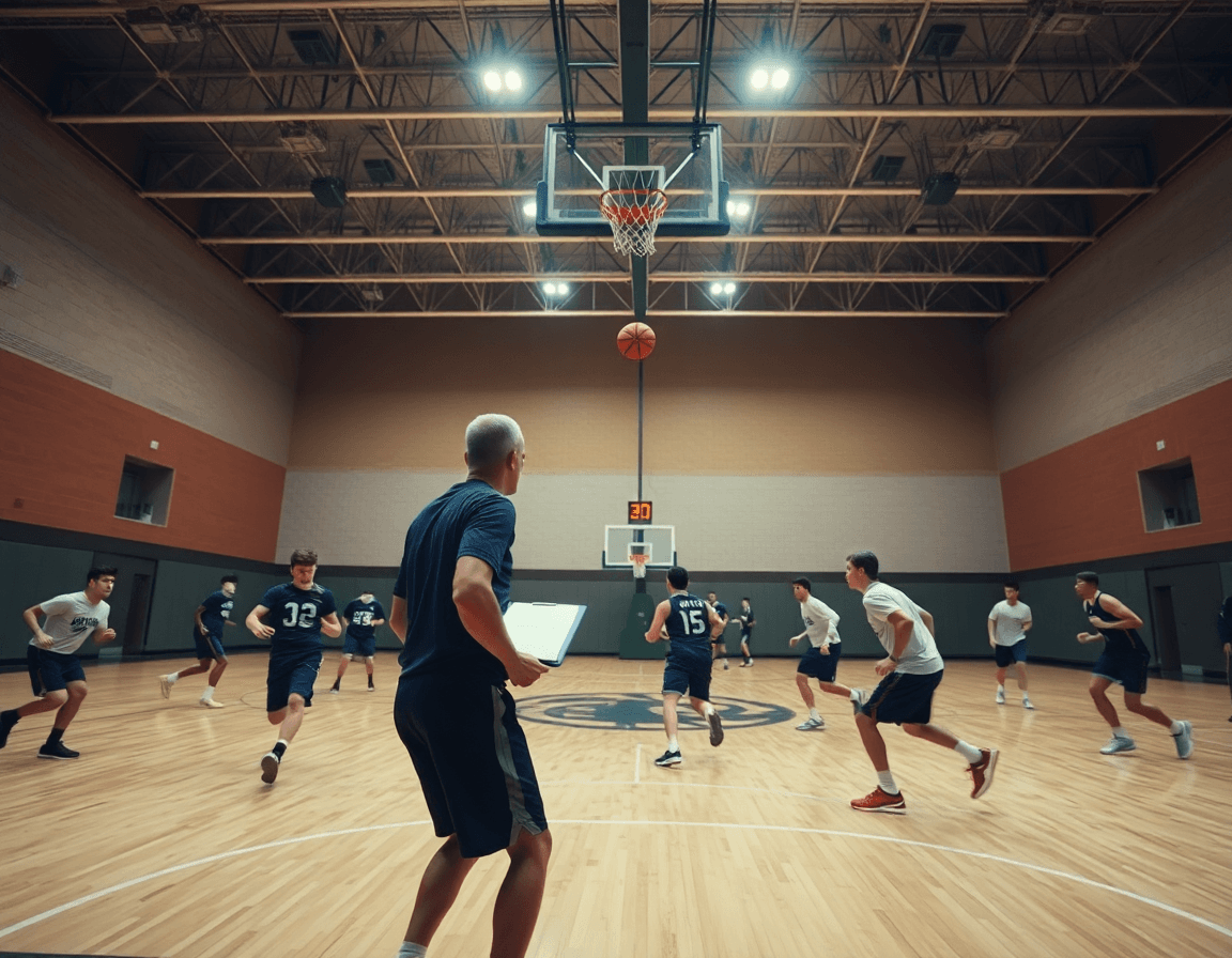 Plano general de la cancha de baloncesto, escolta posicion baloncesto en ingles durante un ejercicio.