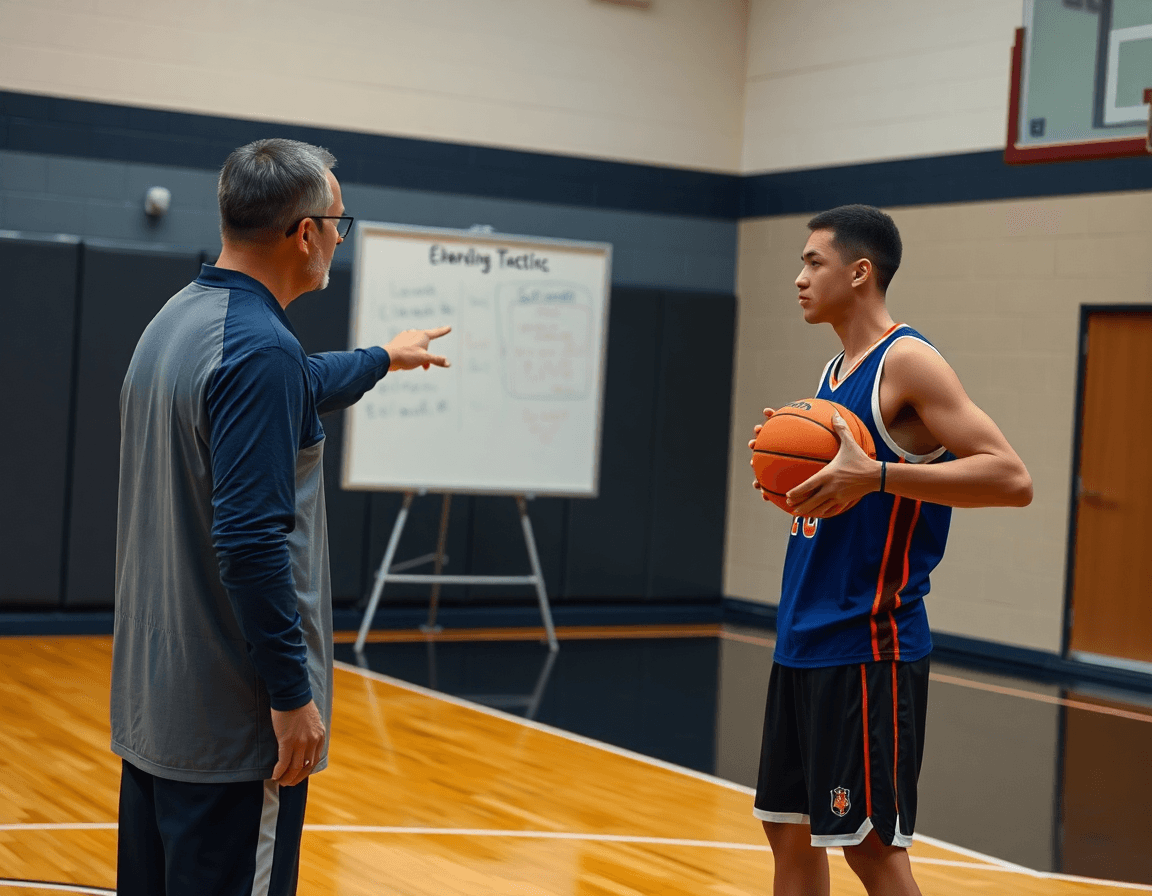 Entrenador señala un tablero con estadistica baloncesto y una pelota naranja durante una jugada de baloncesto.