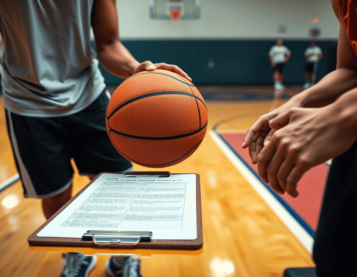 Primer plano de manos sujetando una pelota de baloncesto mientras se consulta una nota táctica.