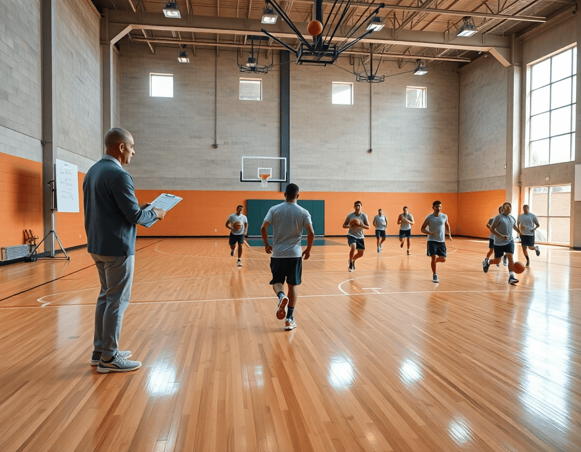 Fotografía de entrenador con tablero táctico y jugadores en la cancha, enfocada en estadistica baloncesto para planificación semanal.